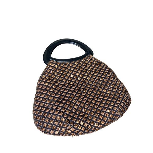 Vintage Black Beaded Sequin Evening Bag Top Handle Party Purse - Picture 2 of 10